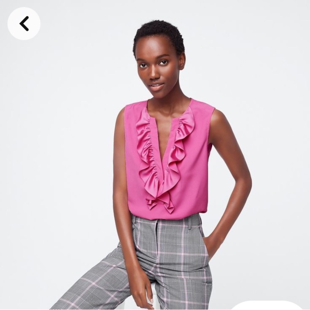 J. Crew Pink Ruffle Satin Crepe Ruffle Neck Tank Top Blouse Shirt Barbie - M - Picture 1 of 5